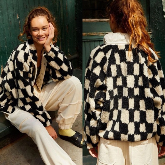 Free People Jackets & Blazers - FREE PEOPLE FP MOVEMENT Hit The Slopes Printed Fleece Jacket Black White Checker